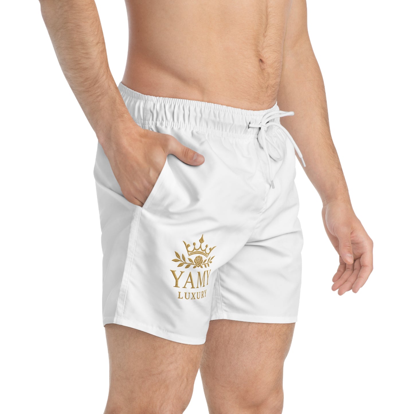 Luxury White Swim Trunks with Gold Logo - Perfect for Summer Beach Days