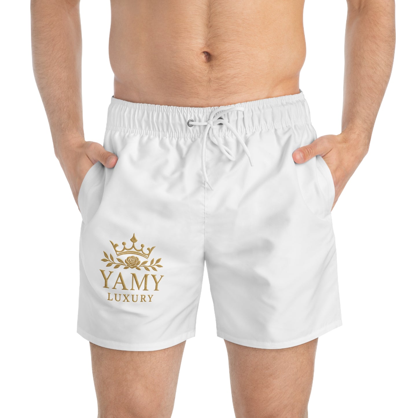 Luxury White Swim Trunks with Gold Logo - Perfect for Summer Beach Days